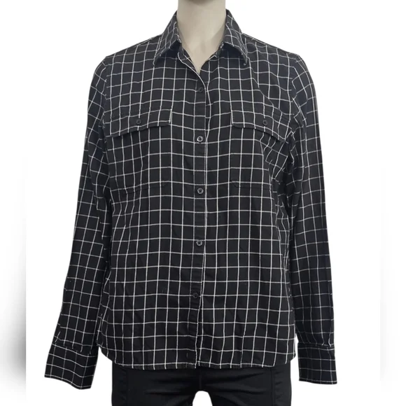 Lauren Ralph Lauren Button Up Blouse Womens M Black Tattersall Preppy Old Money - Picture 2 of 8